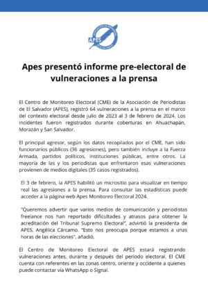 APES presentó informe pre-electoral de vulneraciones a la prensa